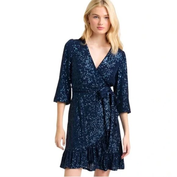 Draper James Reba Navy Blue Sequin Wrap Cocktail Mini Dress Size XS - Picture 1 of 10